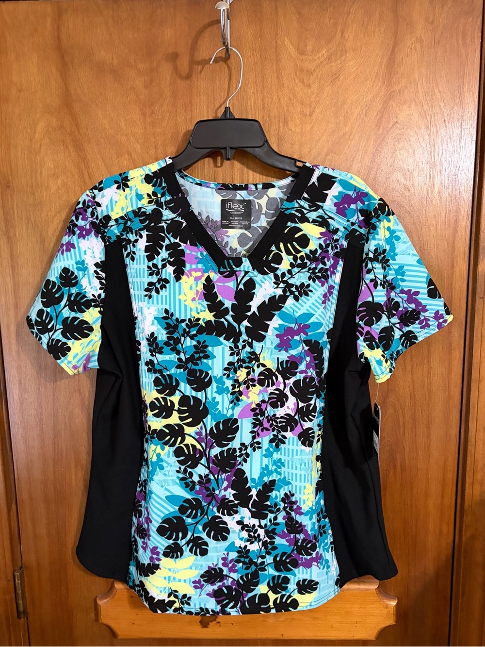 Cherokee V-Neck Floral Tropical Print Scrub Top - Aqua, Black, Purple, Yellow